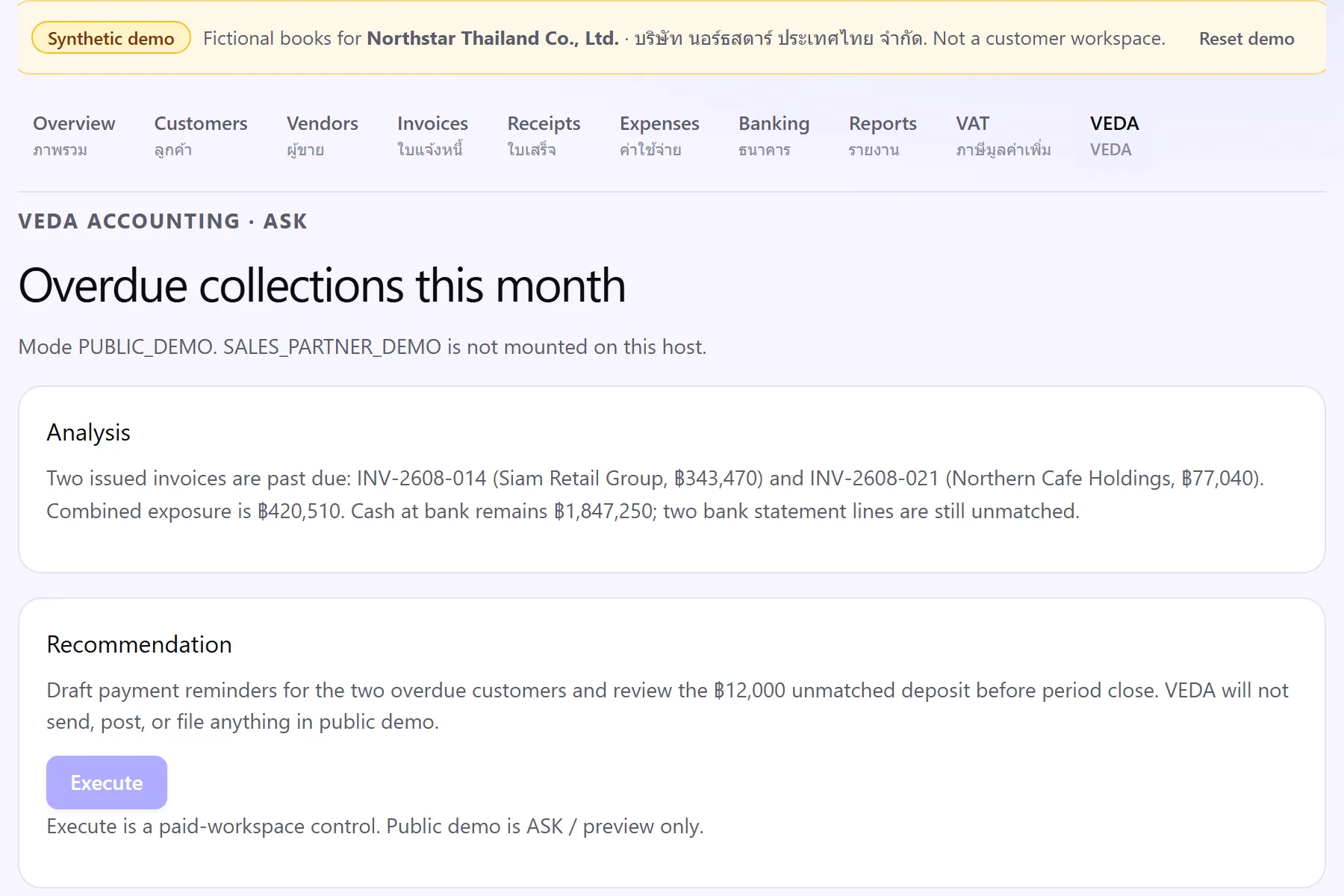 The VEDA page of the VEDA Accounting demo, showing an overdue-collections analysis and a recommendation waiting for the user to decide.
